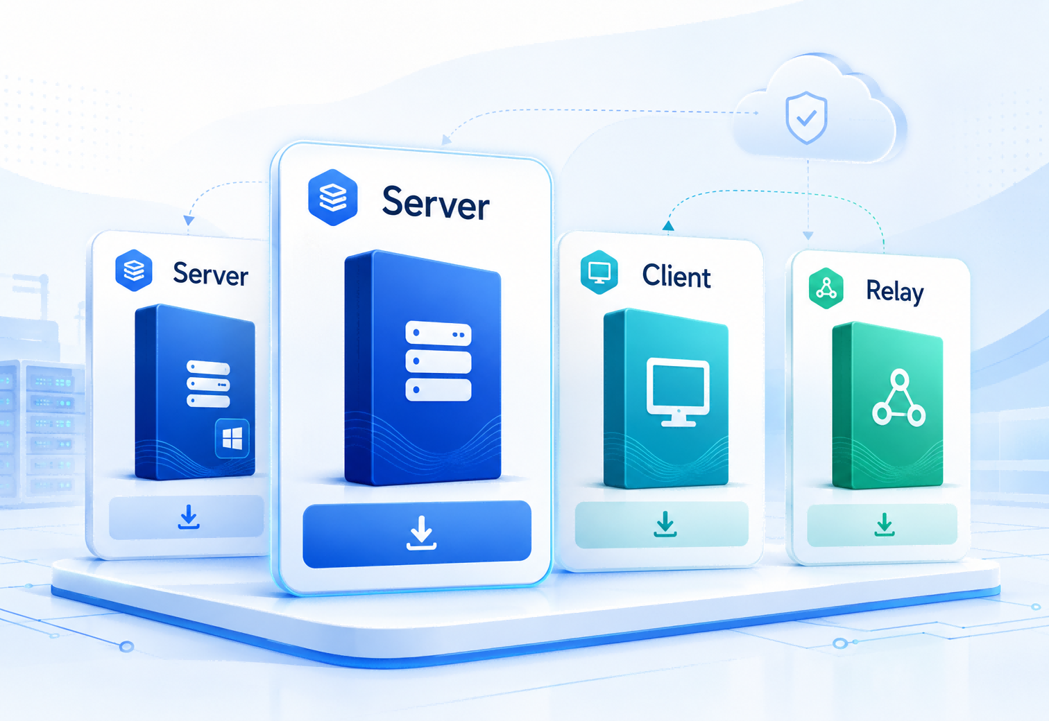 NexTunnel Server、Client 和私有化 Relay 下载中心示意图